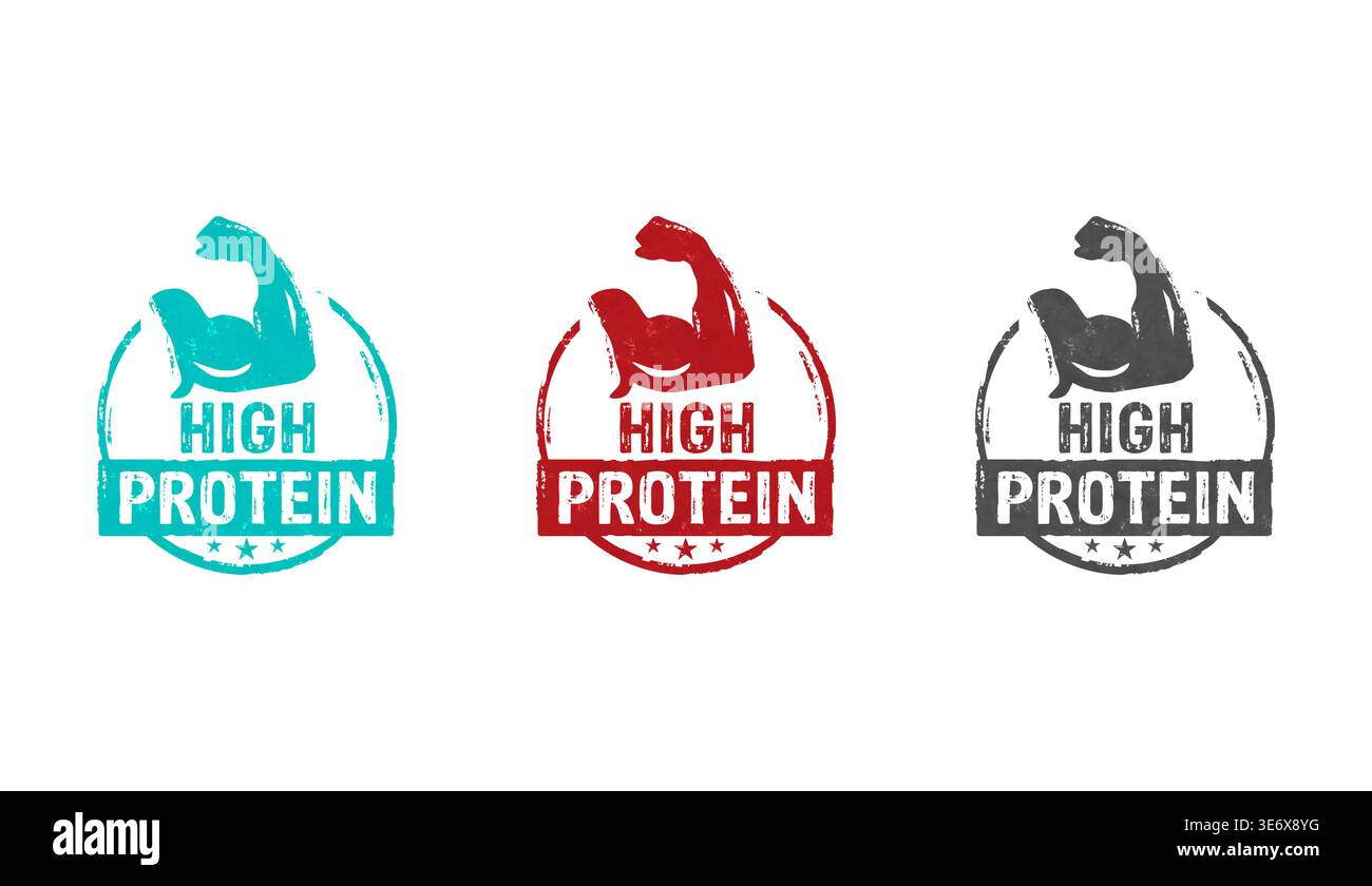 High protein fitness food stamp icons in few color versions. Muscle symbol concept 3D illustration. Stock Photo