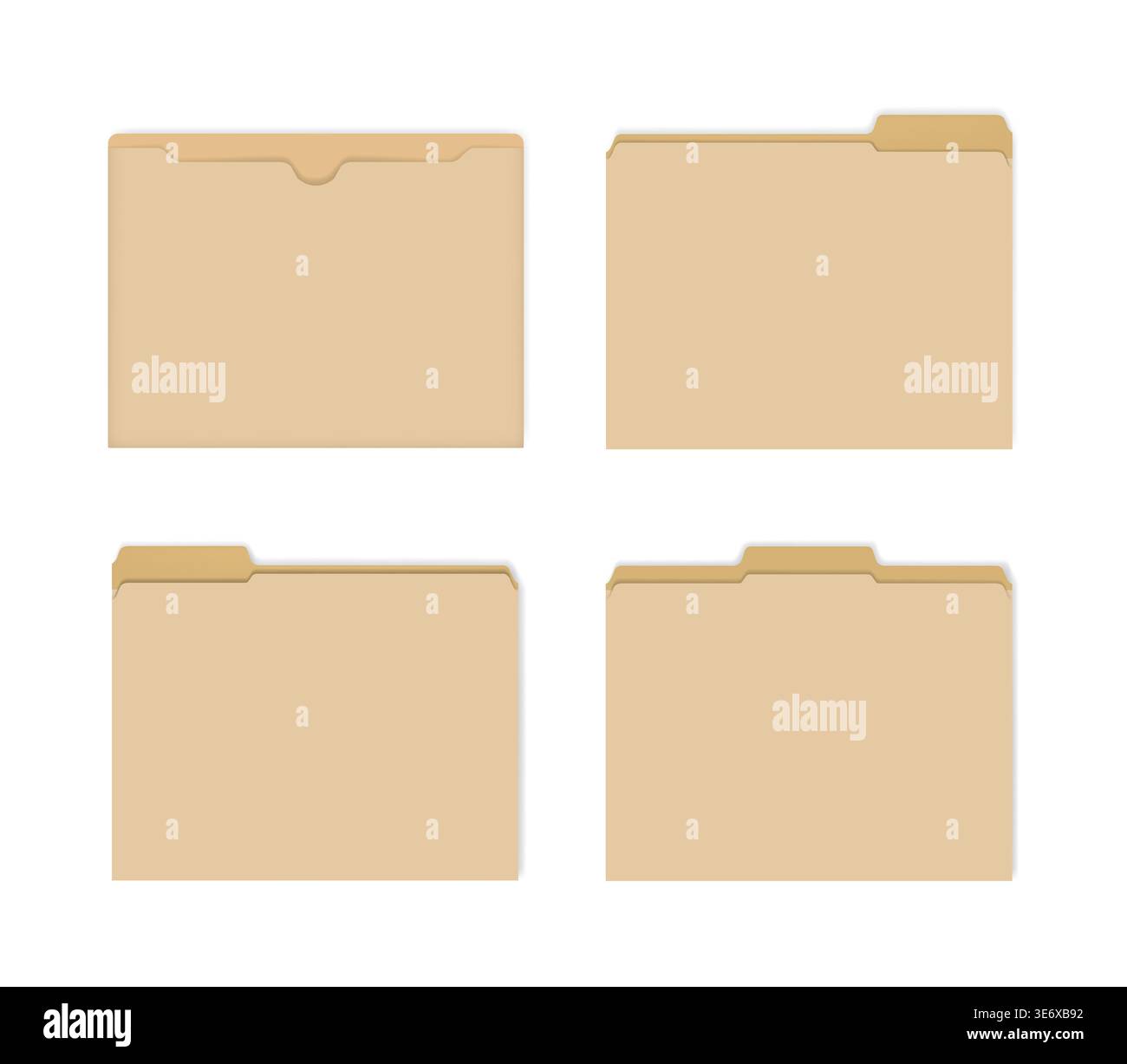 Blank manila file jackets with various cut tabs, vector mockup. Flat document envelope for letter size paper, mock-up set Stock Vector