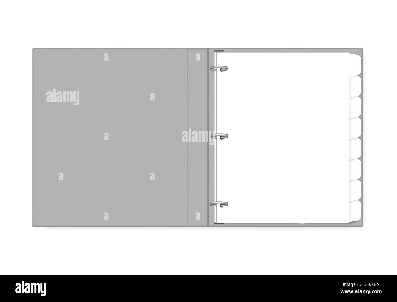 3 ring binder filled with hole punched white paper with tab dividers letter size, mockup. Open refillable blank notebook, vector template Stock Vector
