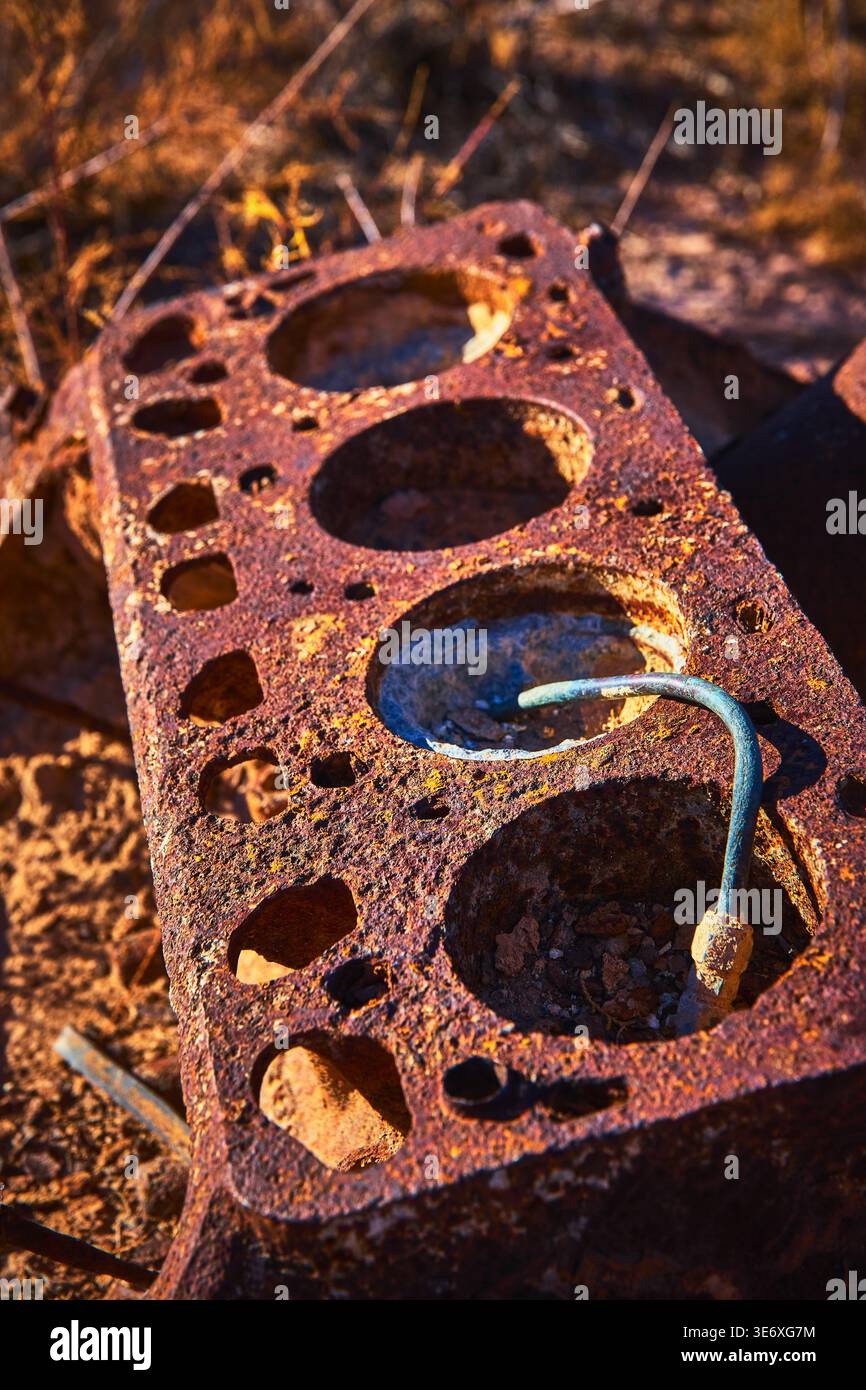 Rusty Car Engine Cylinder Head in Nevada Desert Ghost Town Stock Photo