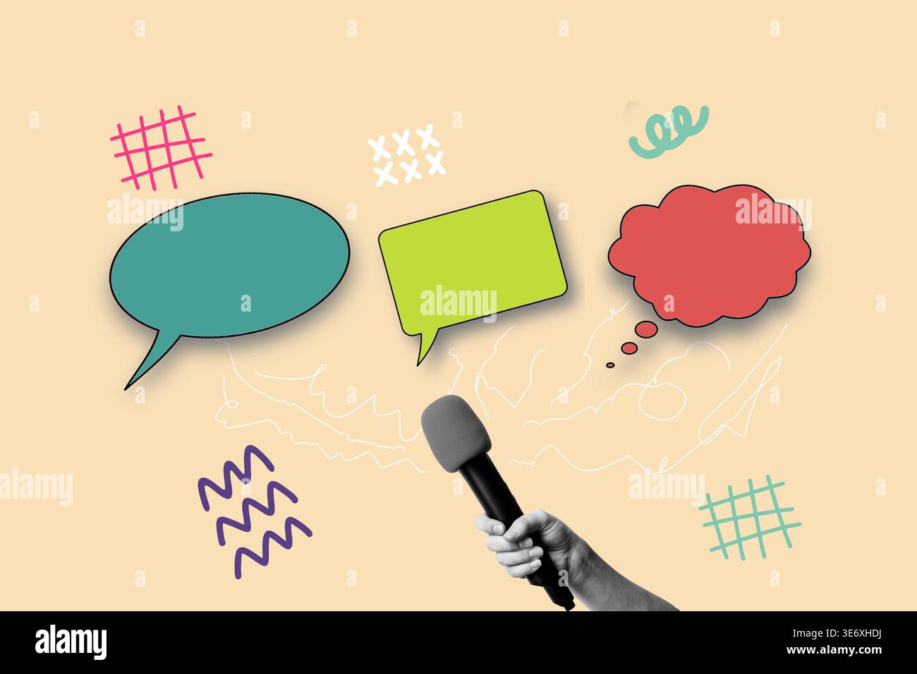 Collage of a woman hand holding a microphone and blank colored speech bubbles on a pink background with lines Stock Photo