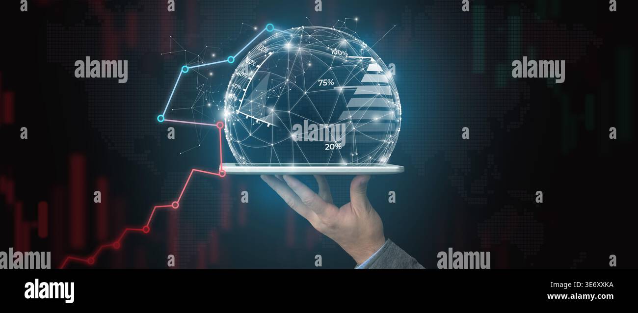 Hand Holding a Digital Globe With Data Visualization in a Modern Setting Stock Photo