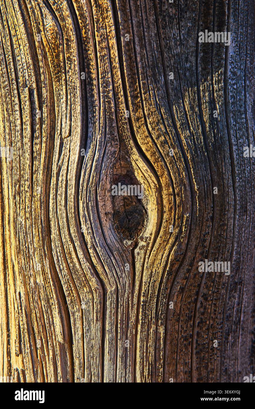 Weathered Wood Grain Texture with Knot and Sunlit Patterns Stock Photo