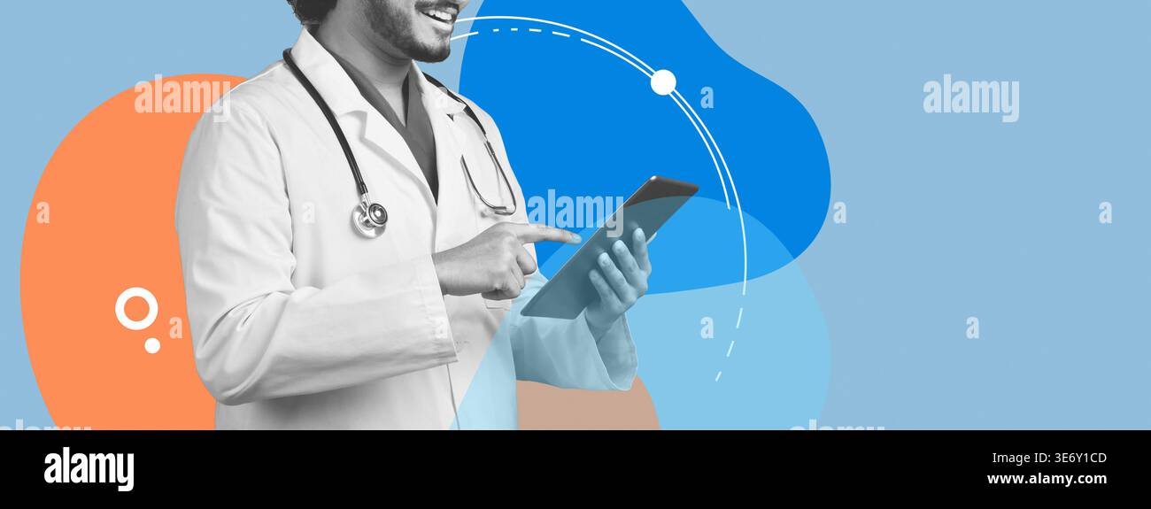 Positive Young Eastern Doctor Using Digital Tablet to Interact With Patients in a Modern Setting Stock Photo