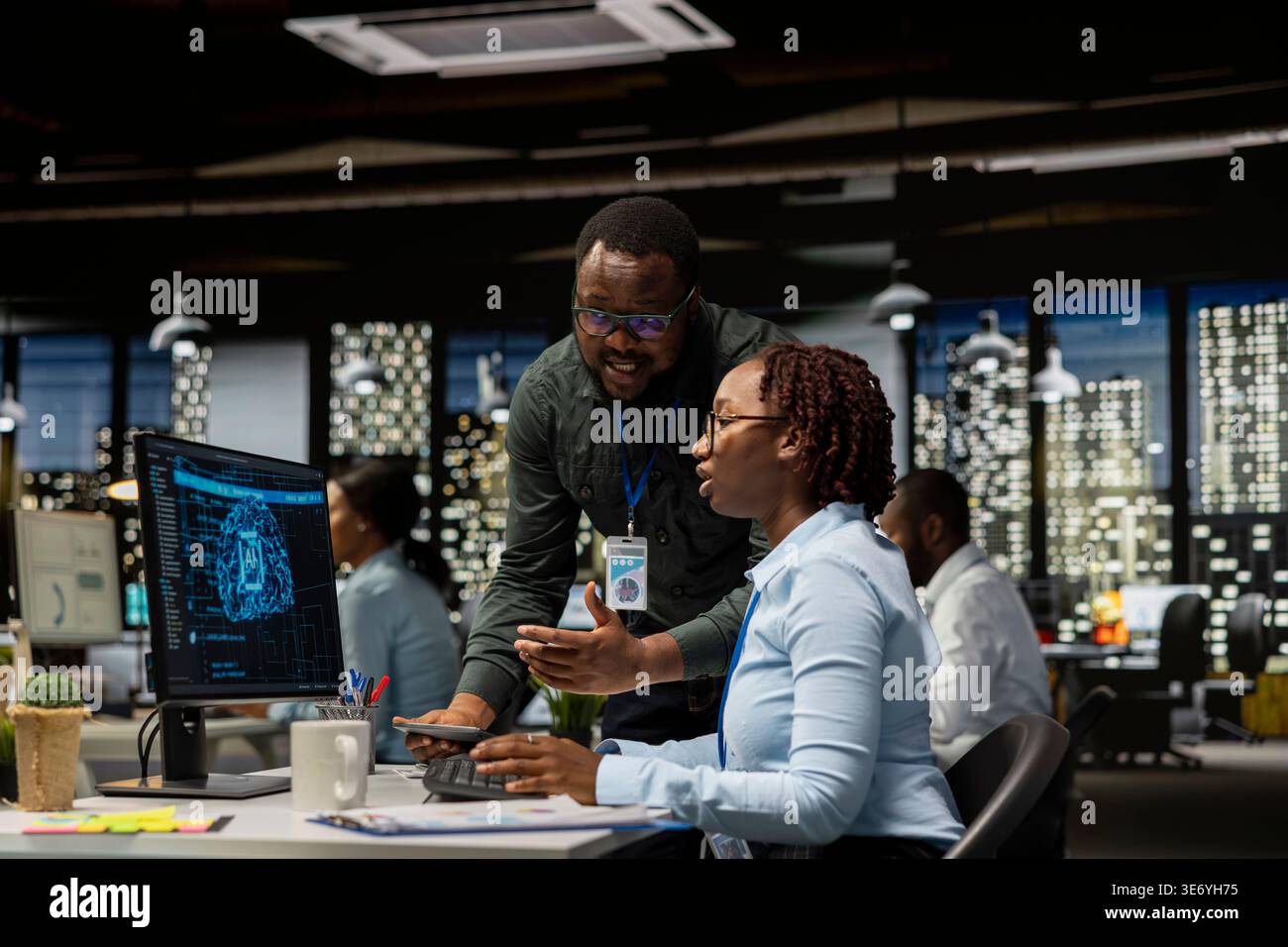 Business team of experts use AI big data and predictive analytics, checking smart work solutions and cloud computing for adaptive strategies. Artificial intelligence engineering algorithms. Stock Photo