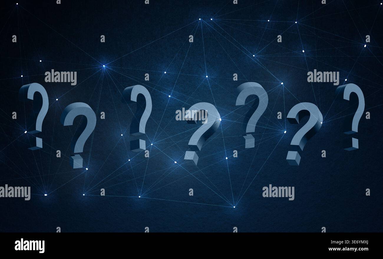 Question marks and plexus pattern on blue background Stock Photo