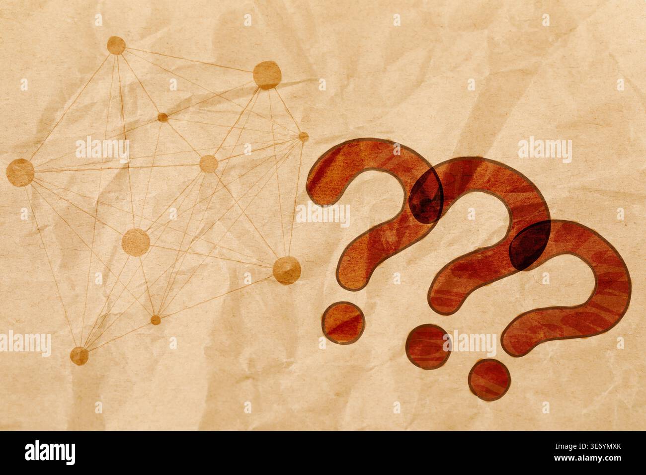 Question marks and plexus pattern on crumpled paper Stock Photo