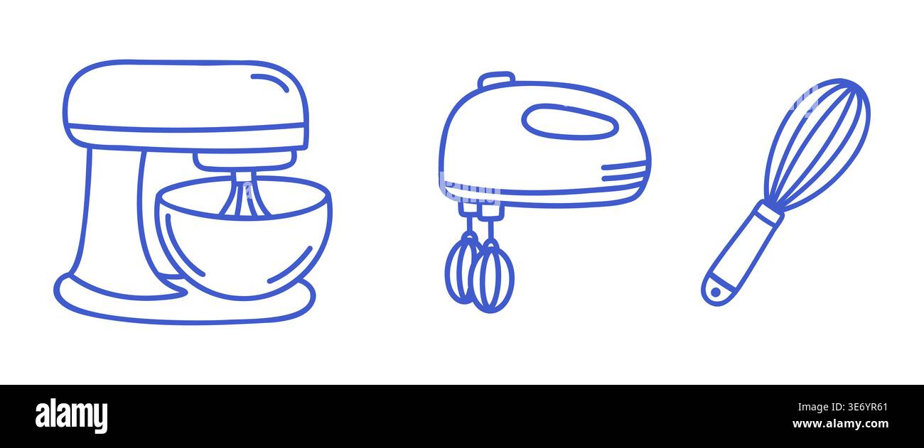 Mixing appliances set with stand mixer, hand mixer and whisk illustrations. Blue line vector icons on white background. Stock Vector