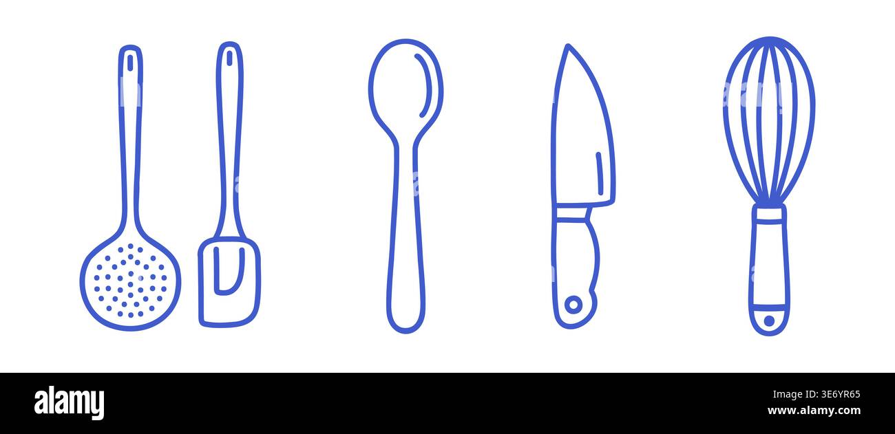 Kitchen utensil set with skimmer spoon, spatula, spoon, chef knife and whisk. Blue line vector icons on white background. Stock Vector