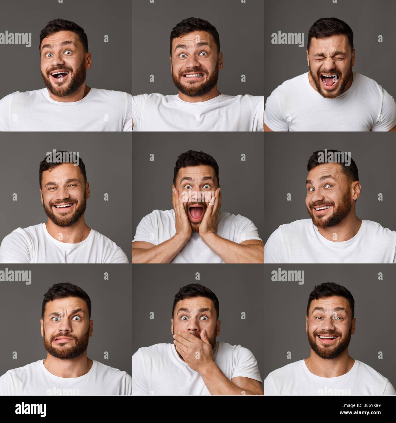 Collage of young man expressions and emotions Stock Photo