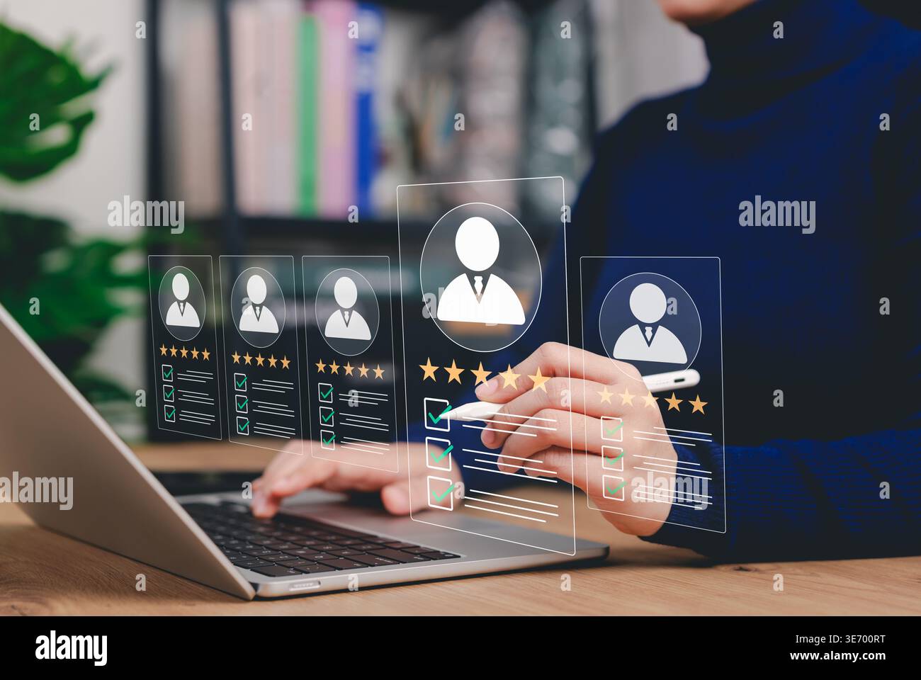 Candidate Review and Talent Evaluation Concept. HR manager reviewing candidate profiles with ratings and checklists. applicant screening, talent Stock Photo