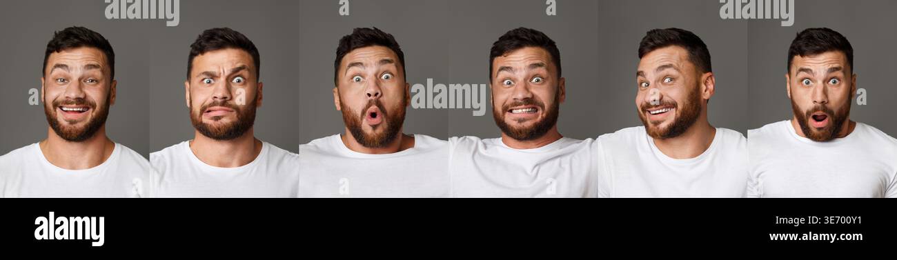 Collage of young man expressions and emotions Stock Photo