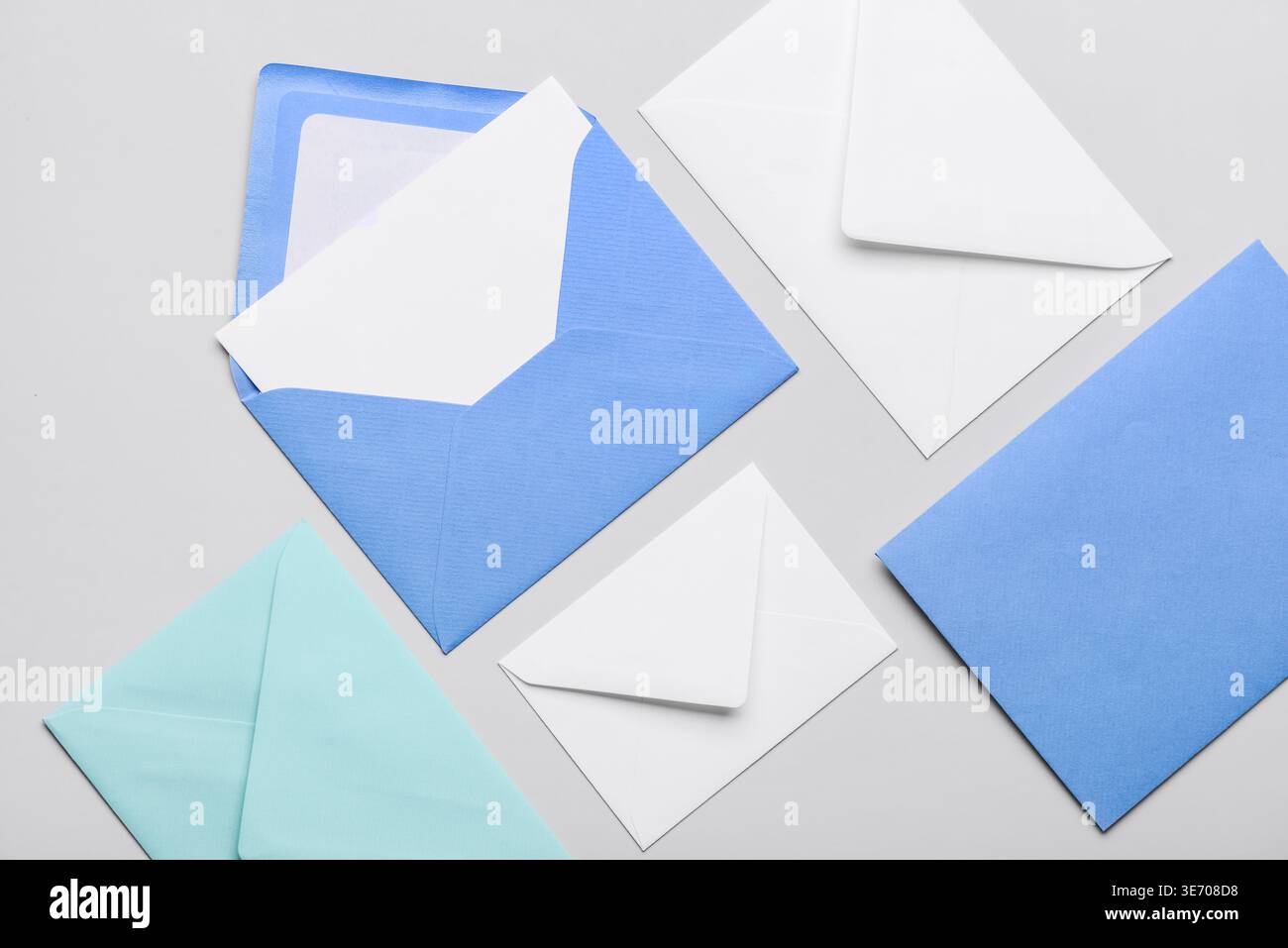 Composition with different envelopes on white background, closeup Stock Photo