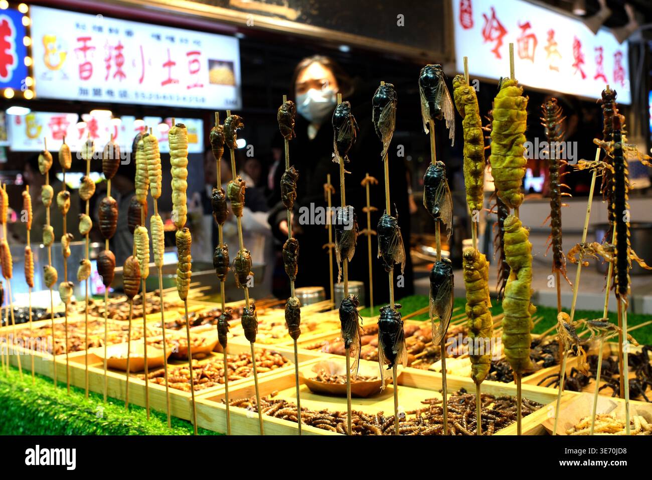 A vendor sells 'insect skewers' at Xing Shun Night Market in Shenyang ...