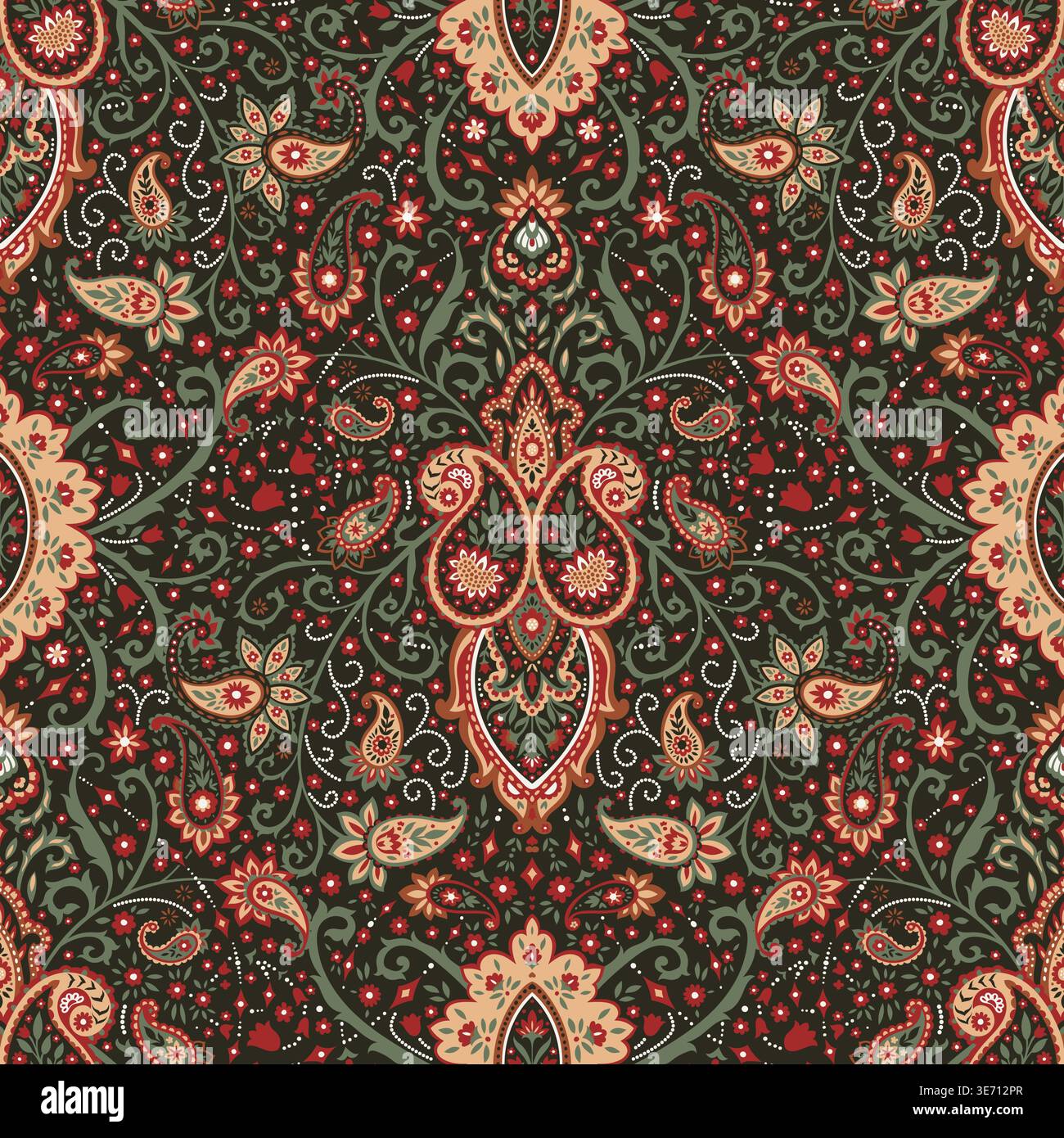 Ornate Symmetrical Teal Paisley Pattern Design Stock Vector