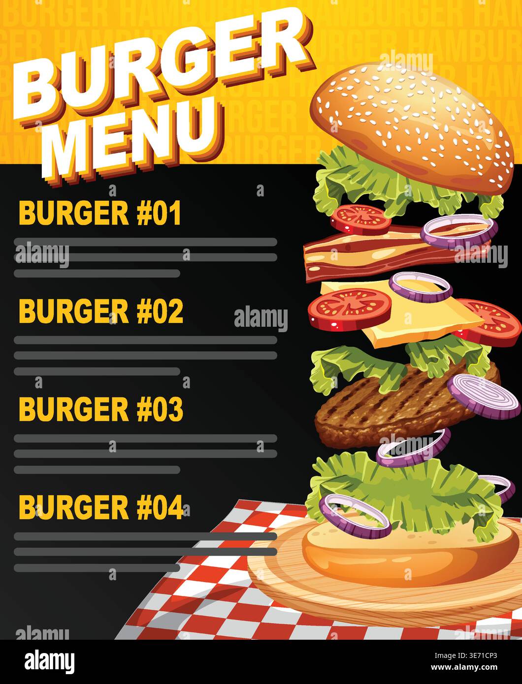 Vector burger menu layout includes deconstructed hamburger ingredients floating over a wooden serving board Stock Vector