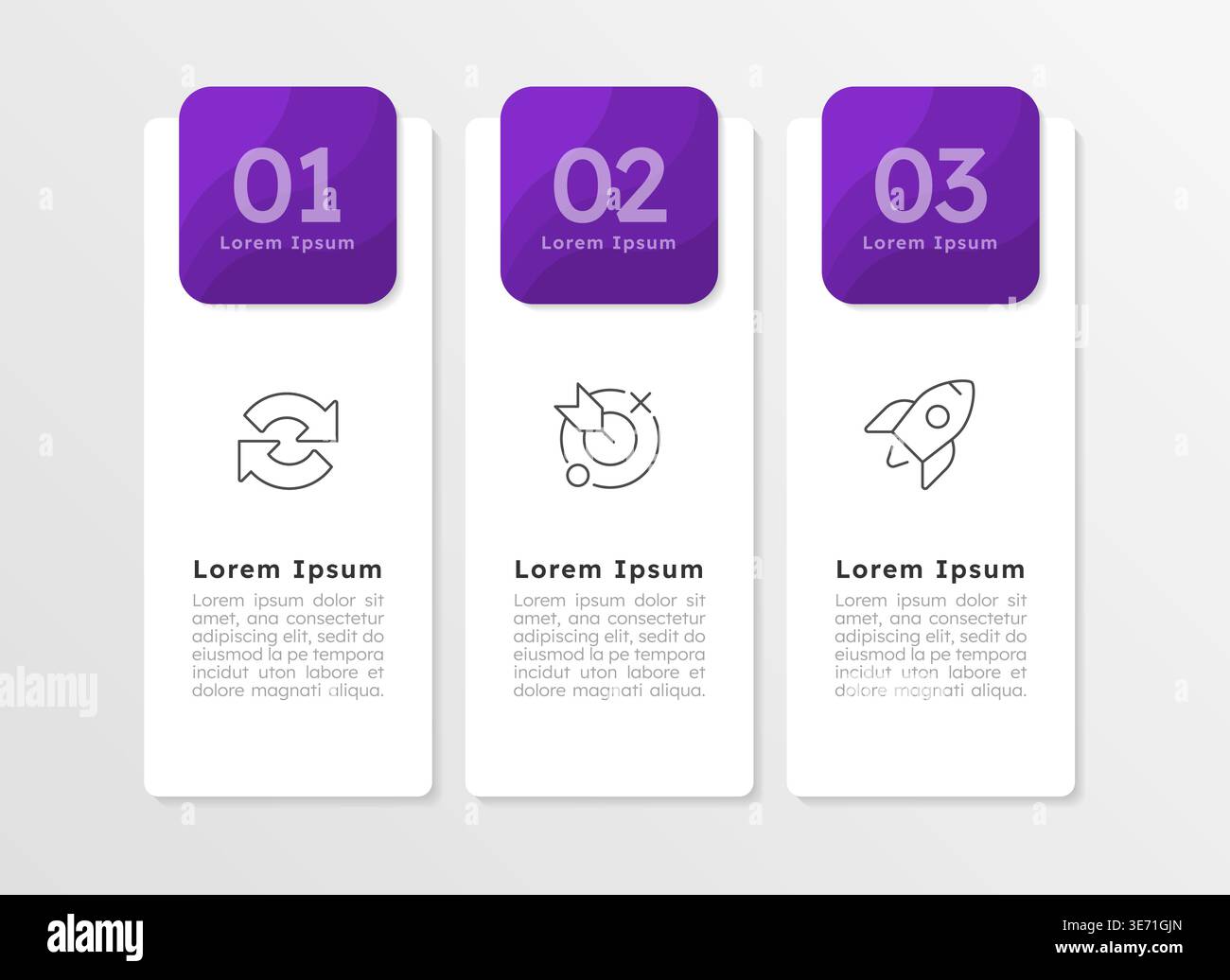 Corporate development presentation purple rectangle infographic 3 steps Stock Vector