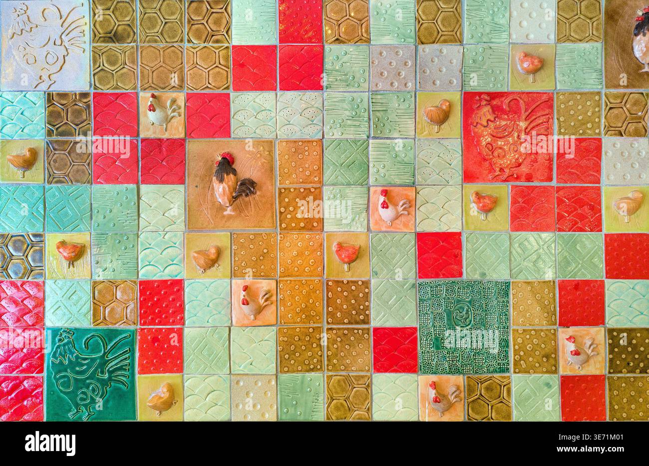 Chicken & hen mosaic tiled wall Stock Photo