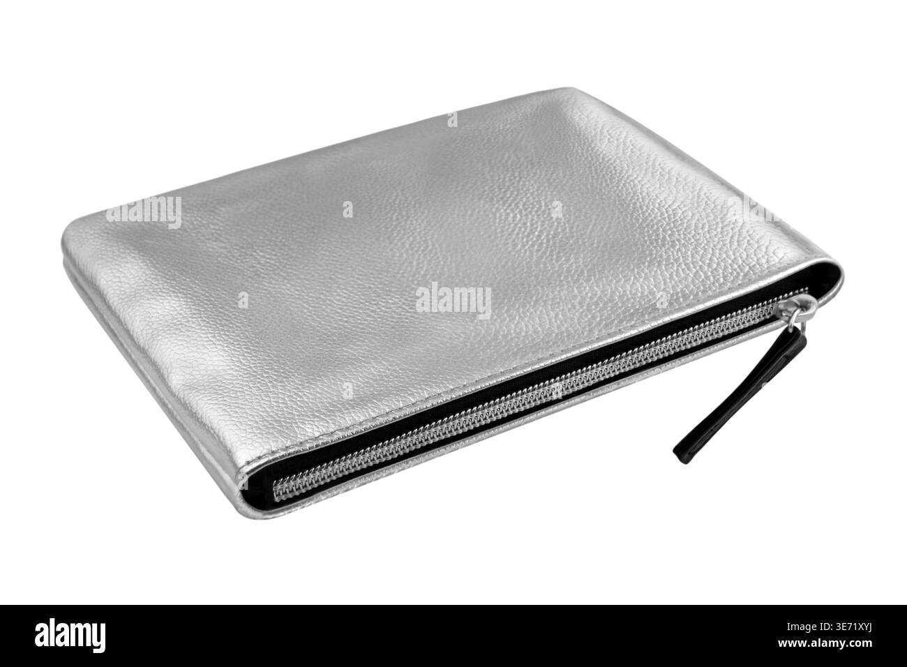 Silver case bag with slide fastener isolated on white background Stock Photo