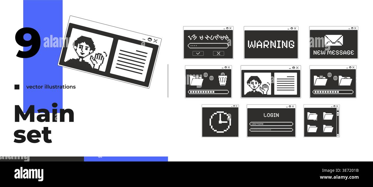 Comprehensive monochrome pixel pop-up window pack Stock Vector