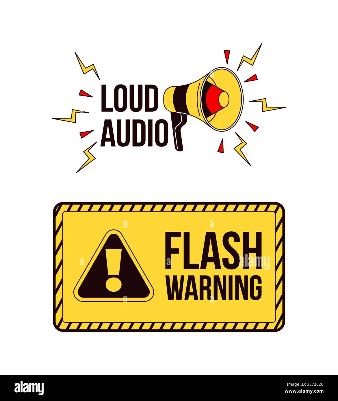 Loud audio and flash warning label overlays set Stock Vector