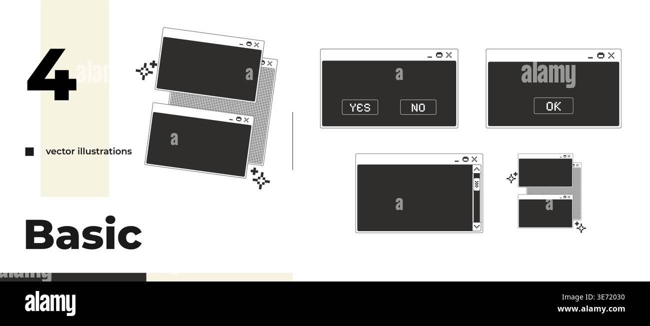 Essential blank monochrome pixel pop-up window pack Stock Vector