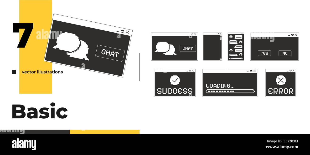 Basic chat and system monochrome pixel pop-up window pack Stock Vector