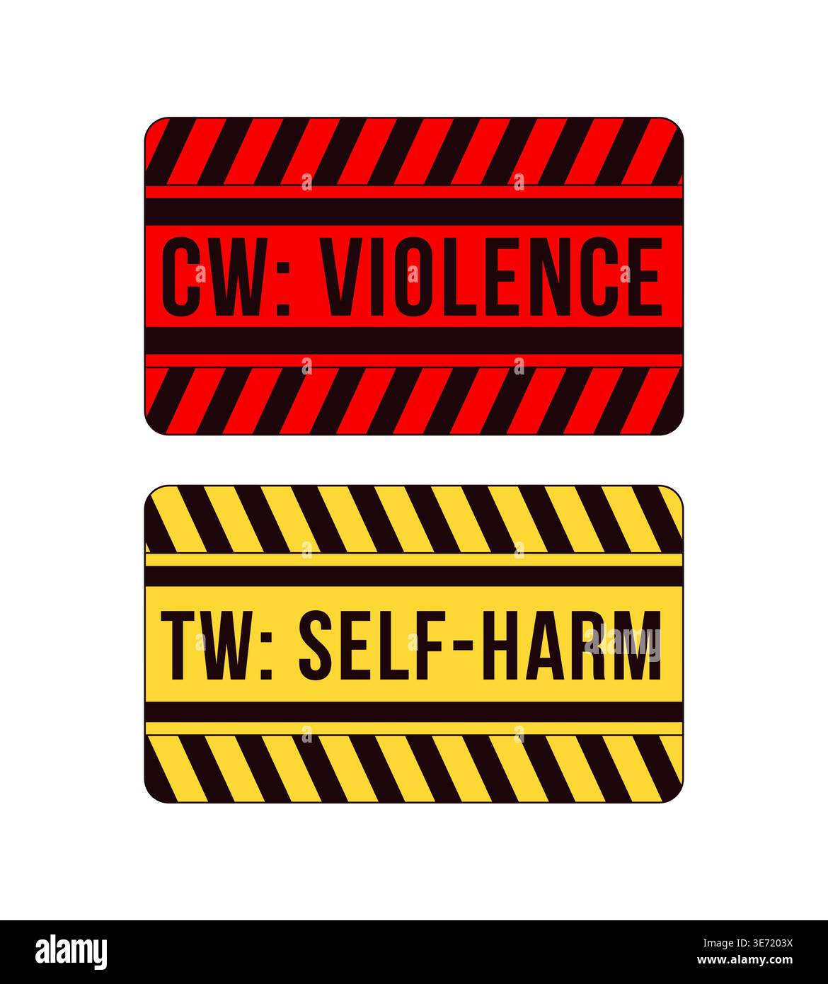 Violence and self harm content warning label overlays set Stock Vector