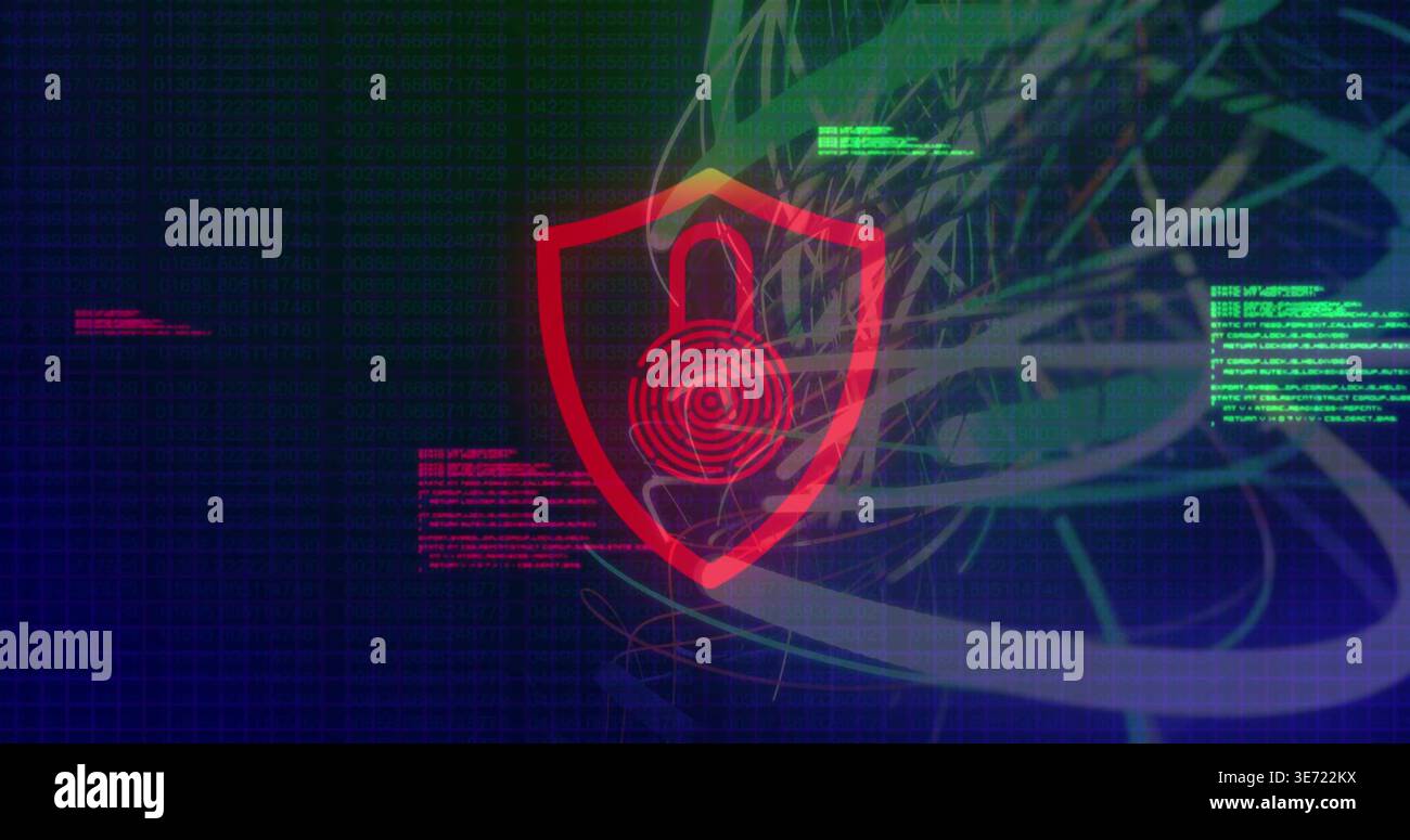 Displaying red shield with padlock and target rings guarding data in virtual dashboard, neon code. Cybersecurity, emblem, lock, digital, interface, gr Stock Photo