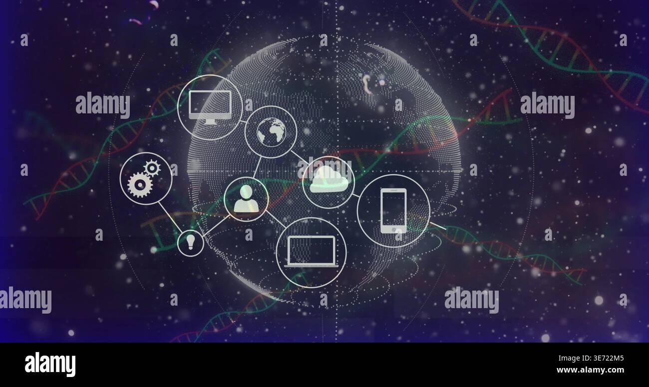 Displaying centered dotted wireframe globe with networked icon nodes in cyberspace, showing DNA. Sphere, mesh, dots, connectivity, network, cloud, dat Stock Photo