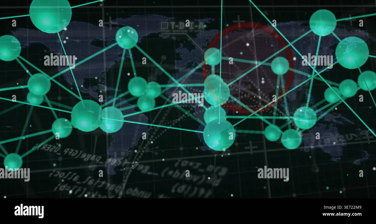 Displaying teal green node cluster with glowing lines over world map and grid, with red highlight. Network, visualization, data, globe, spheres, glow, Stock Photo