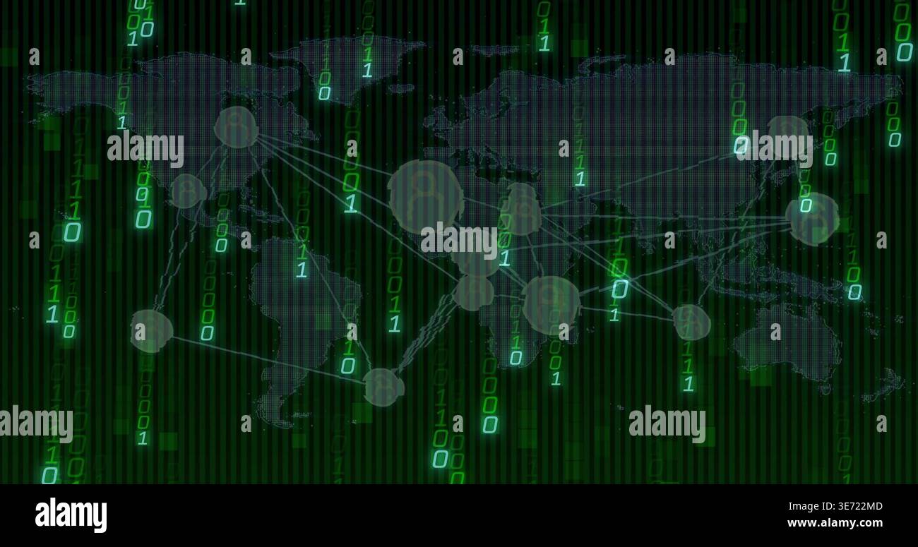 Displaying transparent world map in virtual network with cascading binary digits and nodes. Cyberspace, data, visualization, neon, green, glow, stream Stock Photo