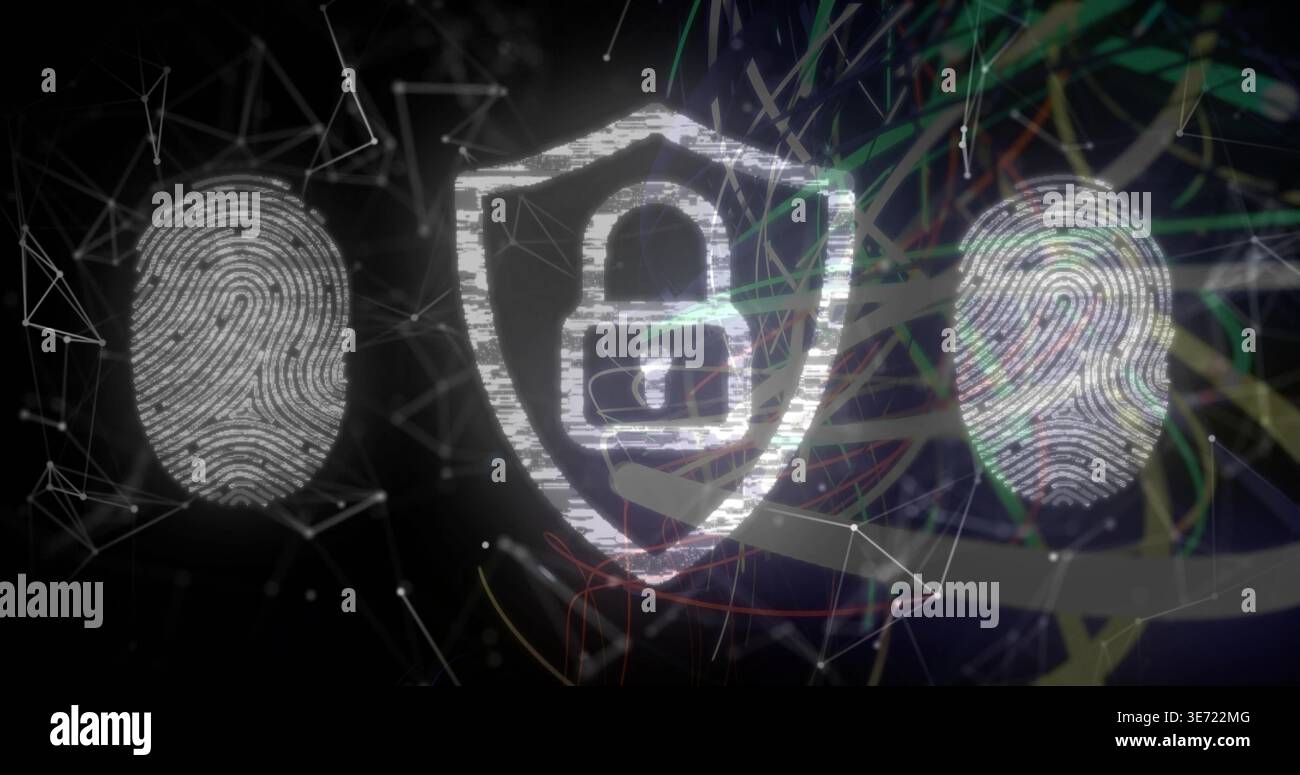 Displaying central shield with padlock on security interface, with fingerprint scans and node mesh. Emblem, lock, biometric, ridges, network, grid, ne Stock Photo