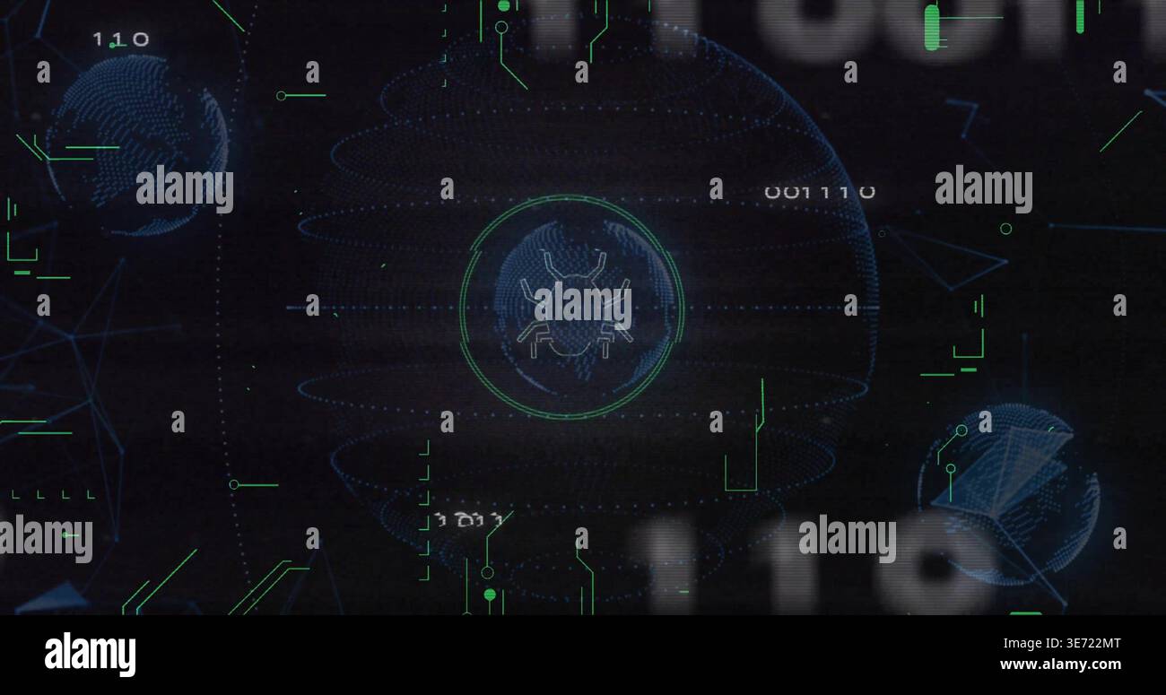 Displaying central holo circle showing bug icon in cyber HUD, with left and right wireframe globes. Interface, virus, malware, network, visualization, Stock Photo