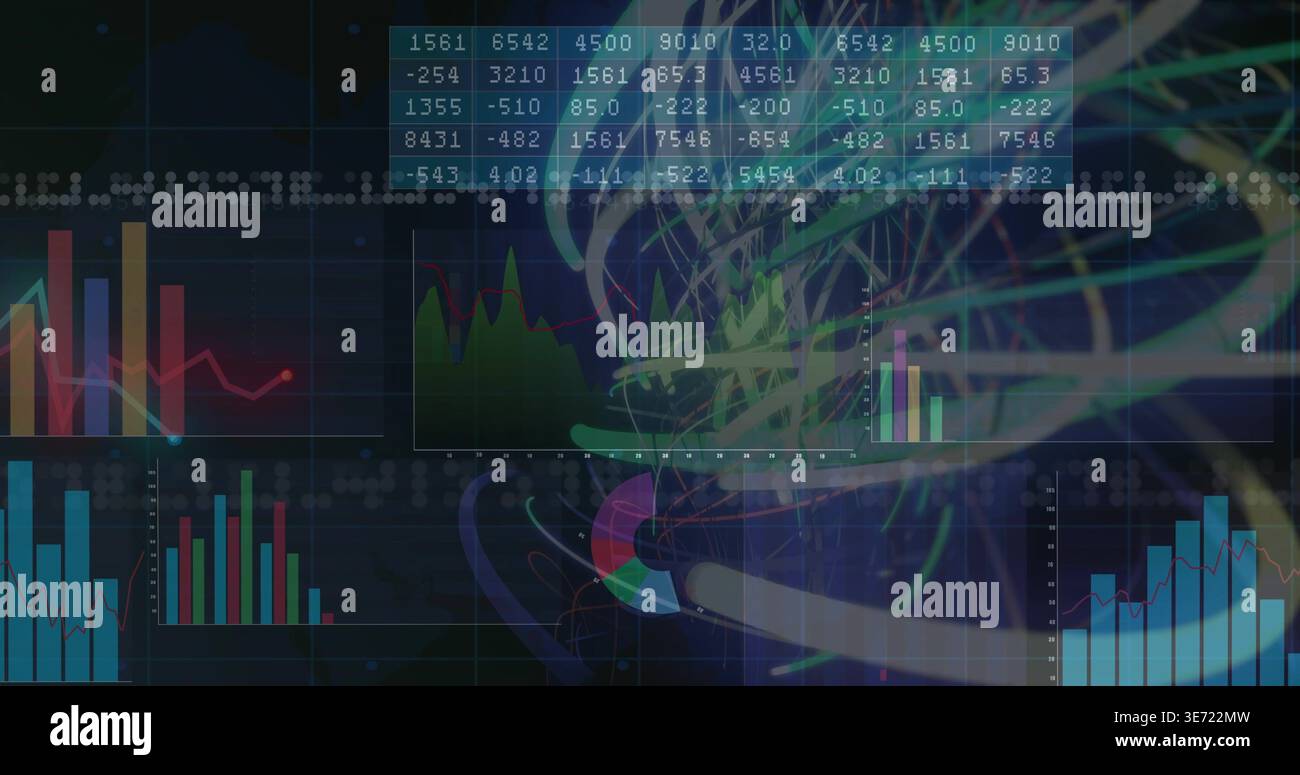 Displaying dashboard centered on dark canvas, with bar line area charts, numeric table and ribbons. Analytics, visualization, panels, data, interface, Stock Photo