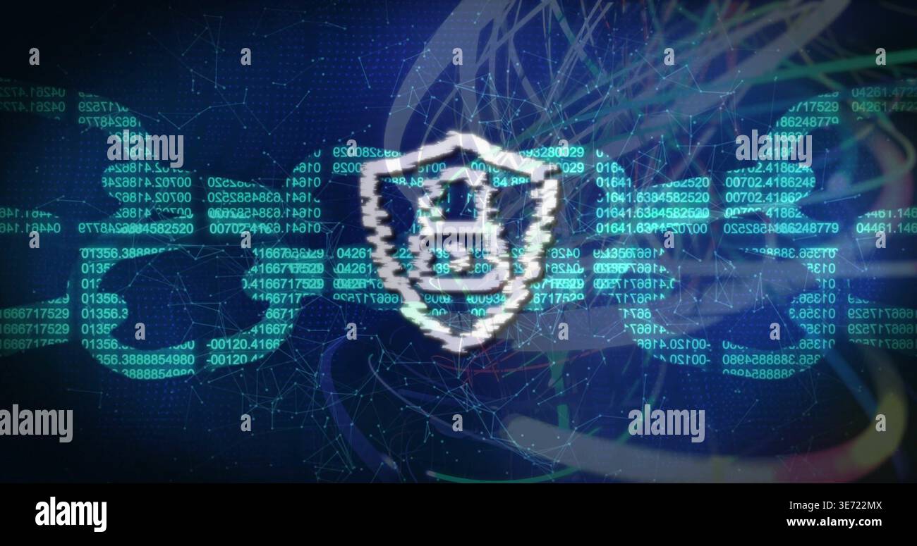 Displaying central pixel shield emblem glitching over digital network, showing padlock, code, mesh. Cybersecurity, encryption, glitch, neon, cyberspac Stock Photo