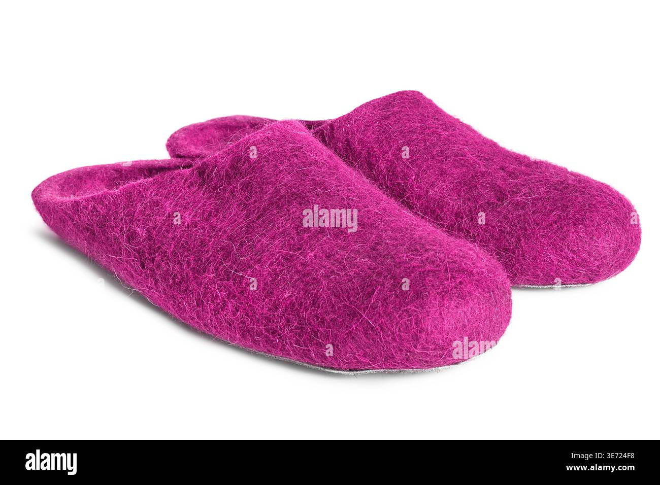 Pink felt wool slippers isolated on white background Stock Photo