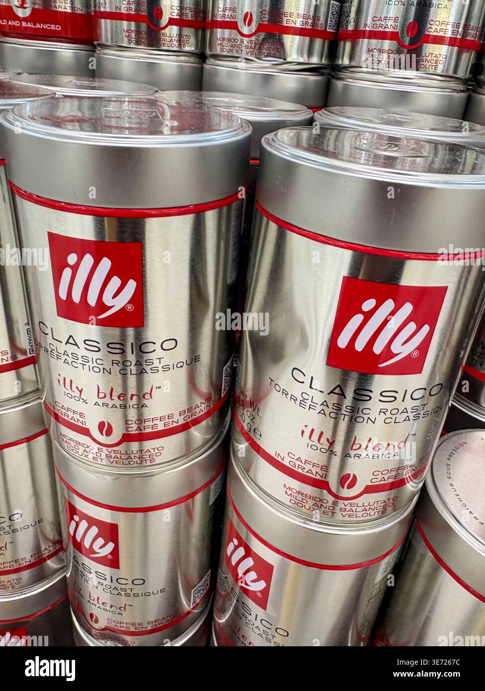 Illy coffee beans, Illy classico 1200% arabica beans in silver jar tin for sale in a Sydney supermarket, Australia - Smartphone Captured Stock Image
