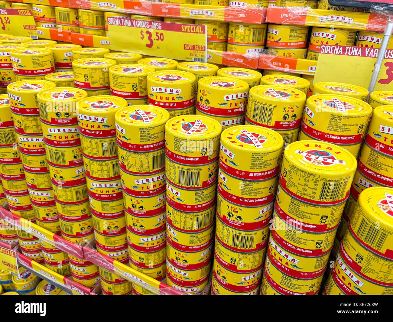 Sirena tuna tins, various flavours, offered at a special price in Harris Farm supermarket in Sydney, Australia - Smartphone Captured Stock Image