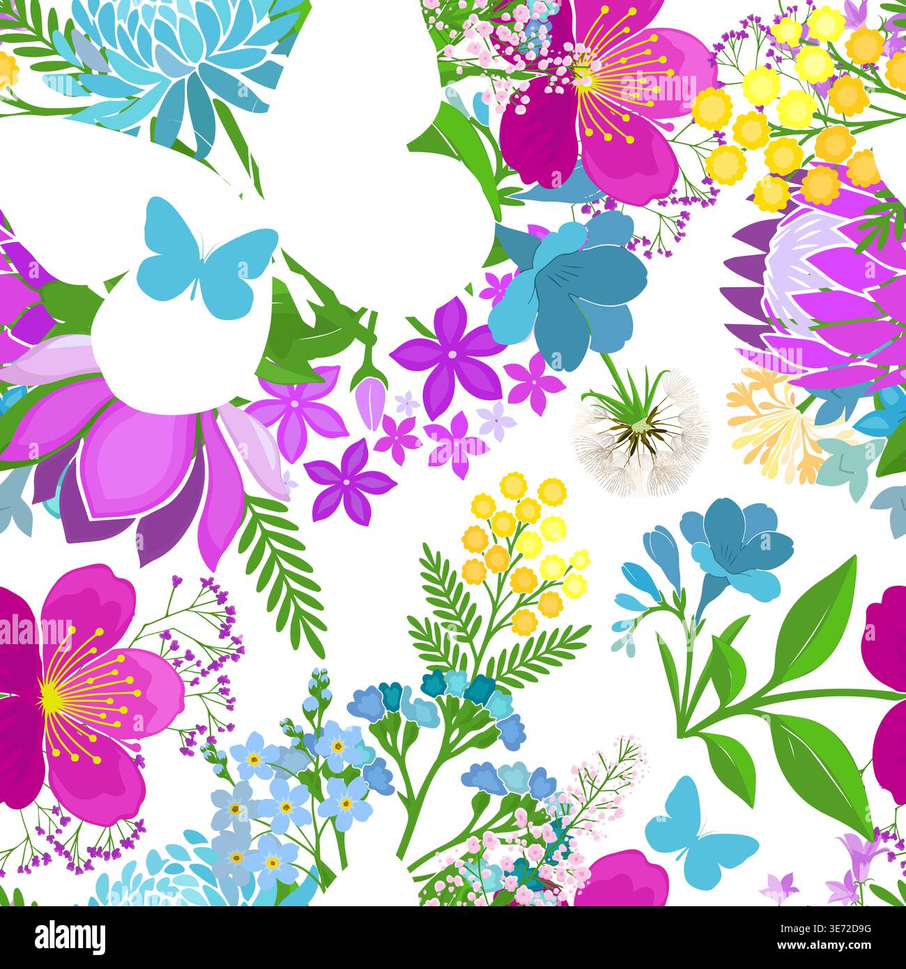 Seamless pattern with spring colored flowers. Hand drawn. Not AI, vector illustration. Stock Vector