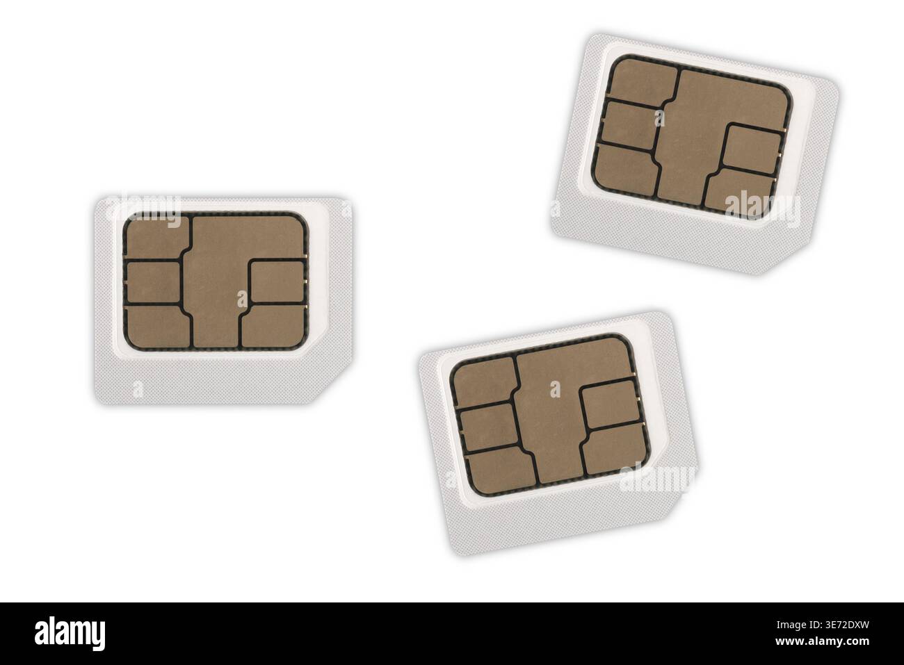 Three sim cards are displayed on a white background, ready for mobile device activation Stock Photo