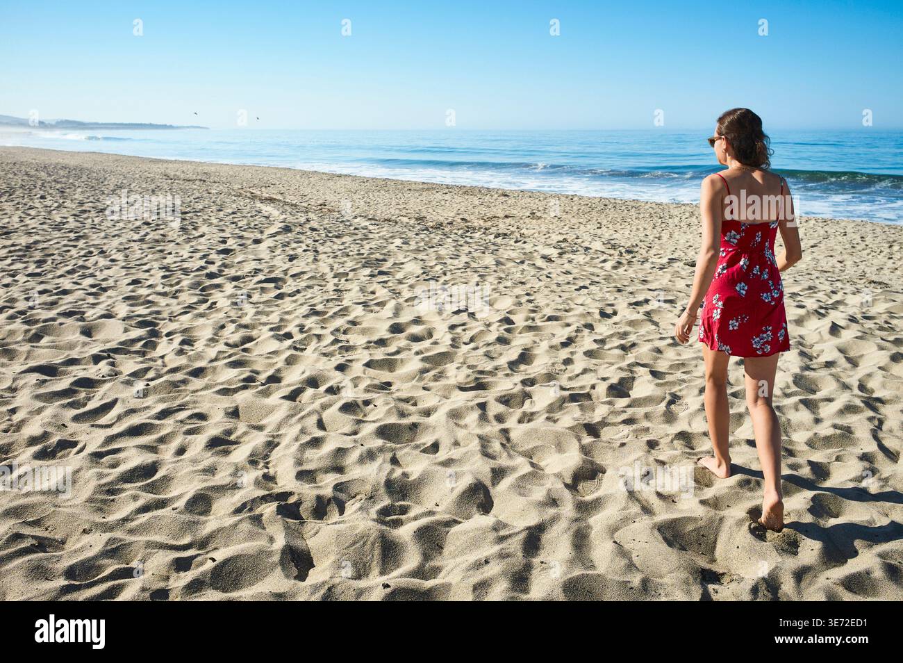 Young woman in red dress running on the beach full of anticipation, Half  Moon Bay, California Stock Photo - Alamy