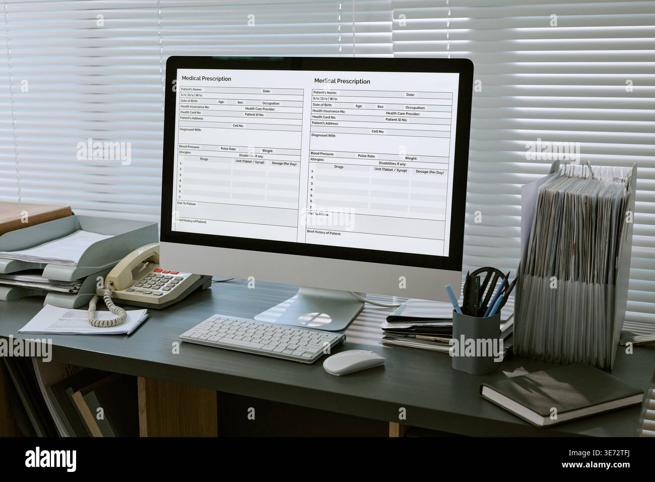 Medical Prescription Forms Displaying on Computer for Clinic Workflow Stock Photo