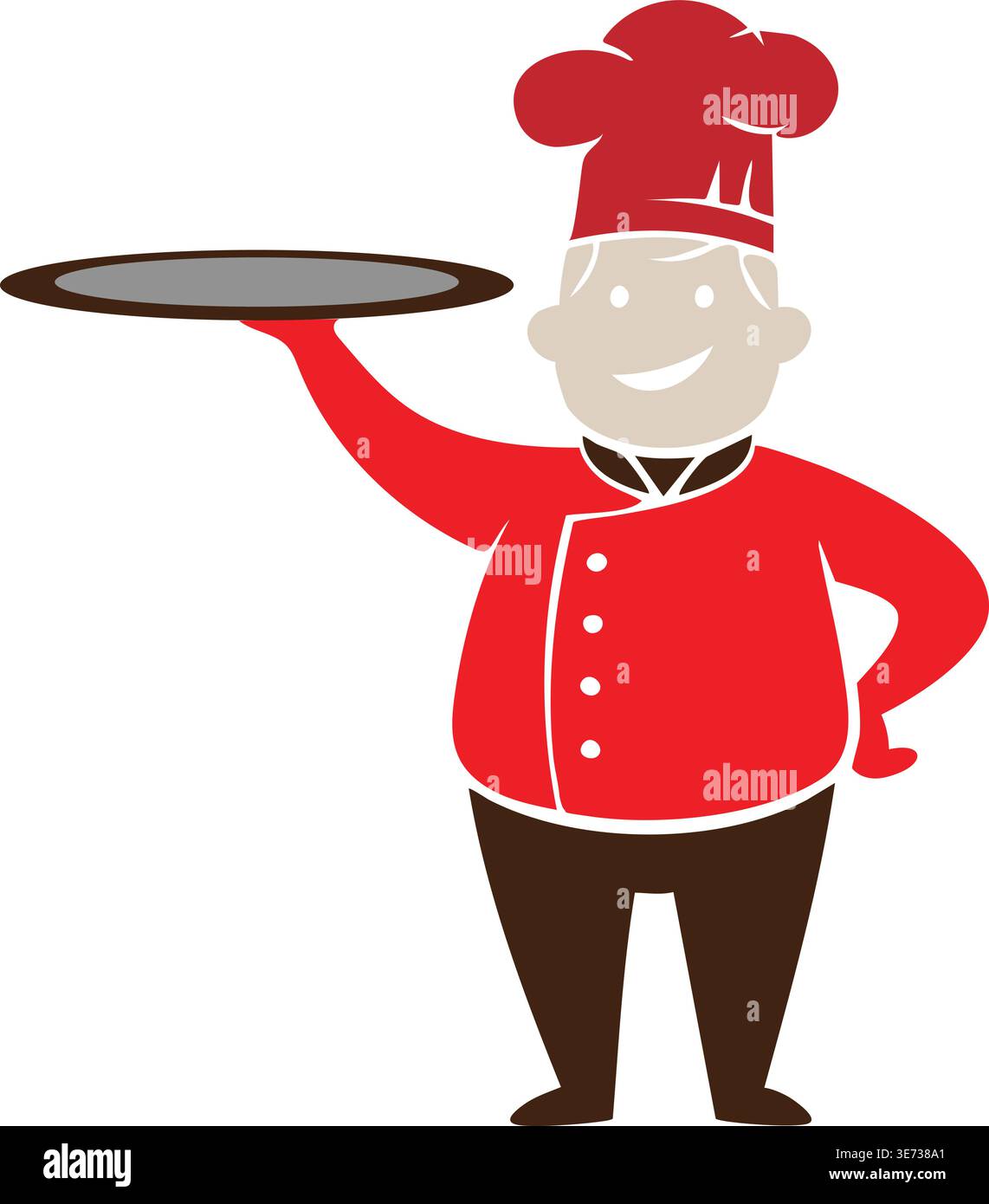 Smiling Cartoon Chef or Waiter in Red Uniform Holding Empty Serving Tray - Vector Illustration Stock Vector