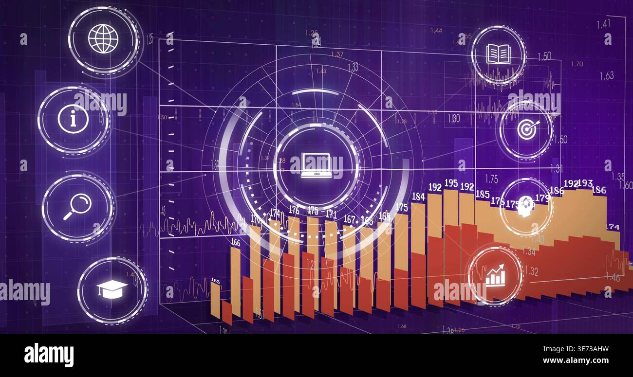 Displaying stylized dashboard showing 3D bar chart with numeric labels and HUD on purple grid. Analytics, visualization, interface, data, laptop, futu Stock Photo