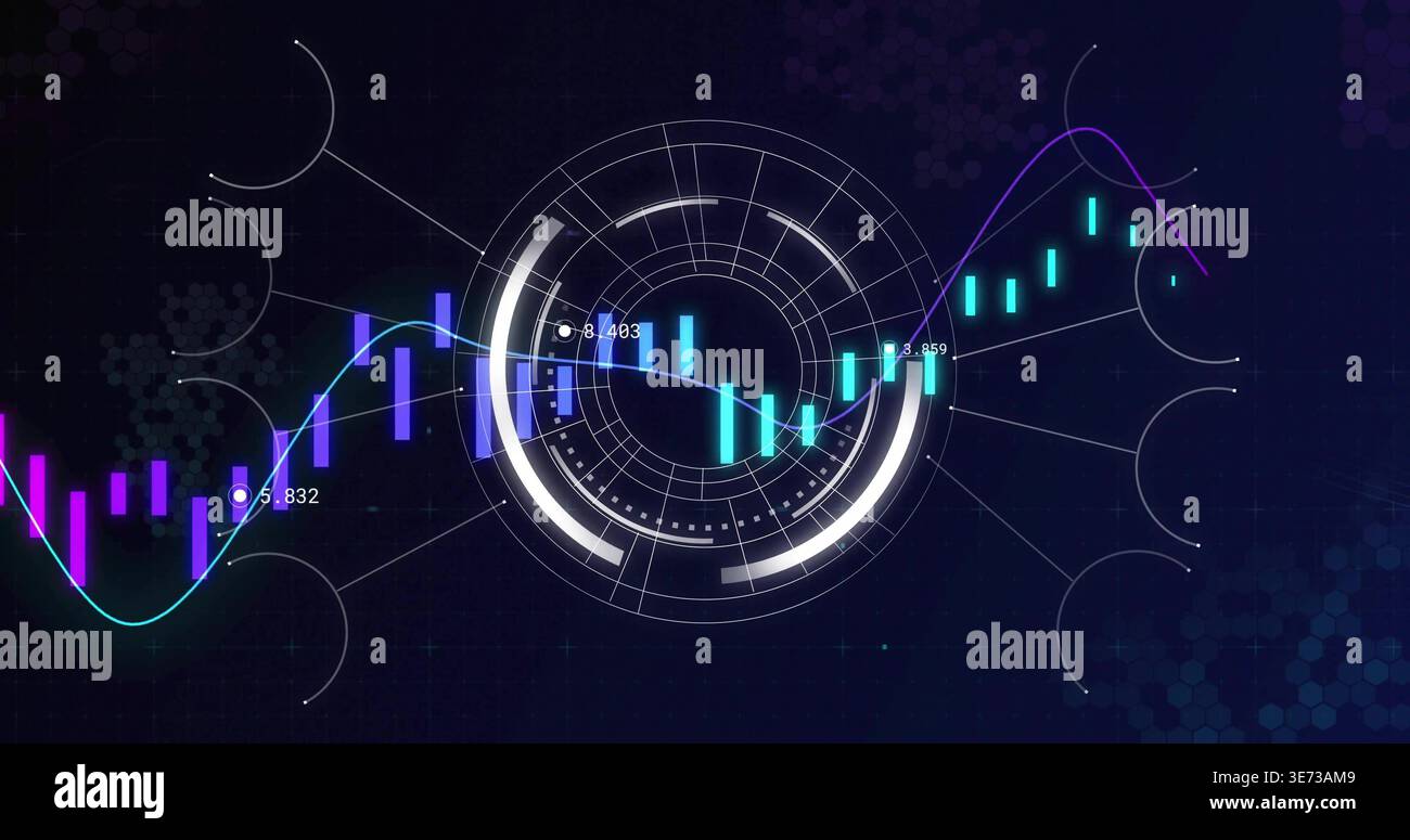 Displaying central circular HUD animating candlestick bars, line graphs, numeric labels on dark UI. Neon, futuristic, dashboard, visualization, analyt Stock Photo