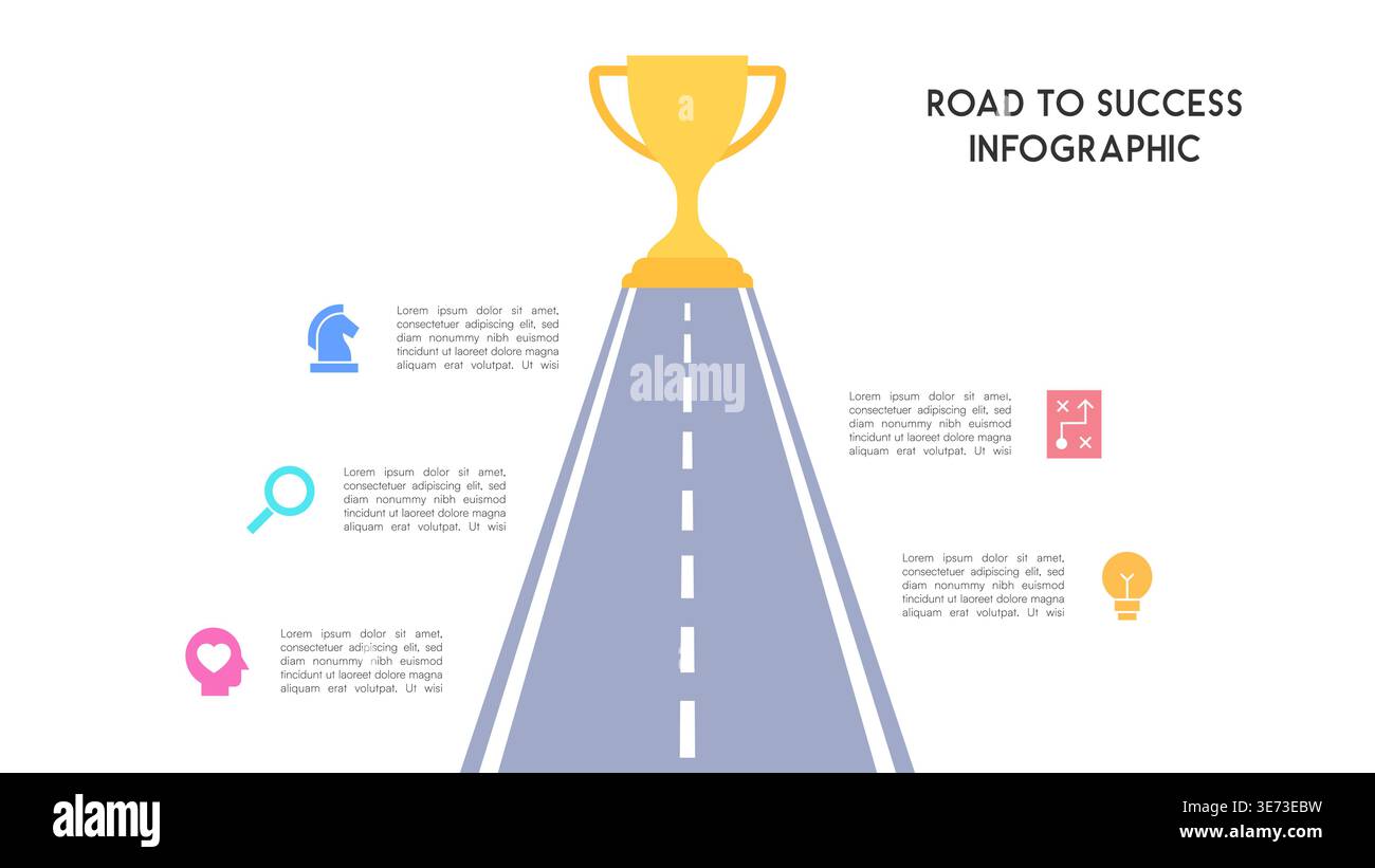 Road to Success Infographic with Trophy and Five Icon Stages on Pathway ...