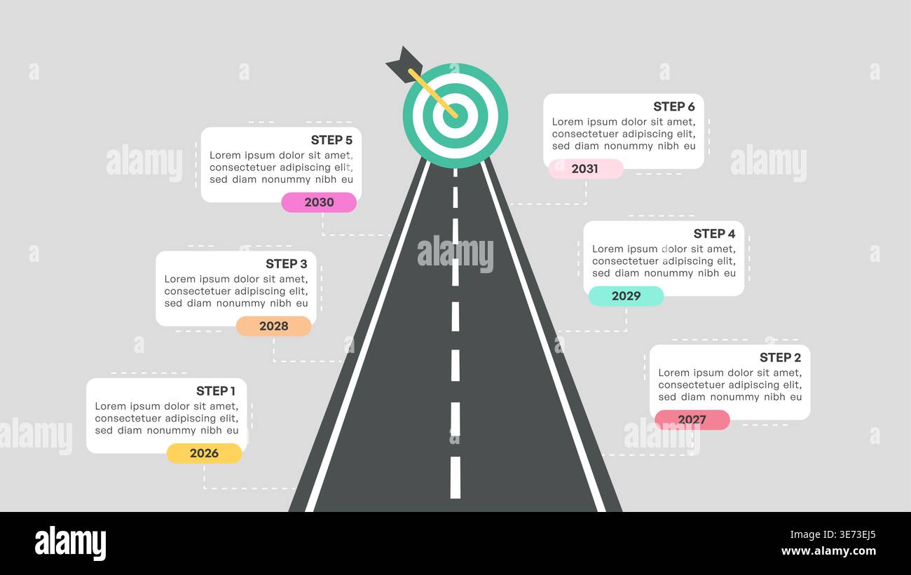 Straight Road Infographic with Multiple Step Timeline and Arrow Target ...
