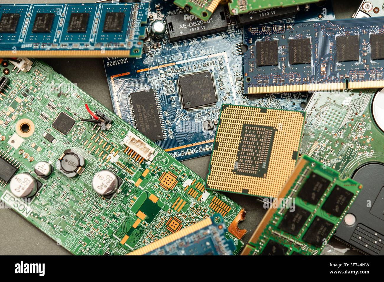 Close-up of RAM memory modules and computer components showing modern computing hardware and digital technology Stock Photo