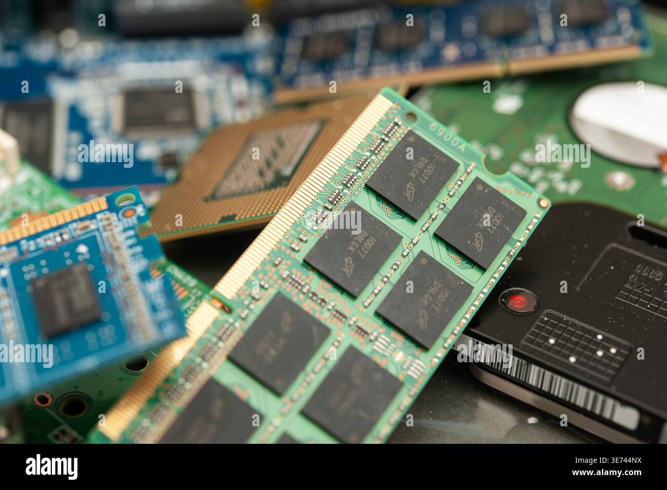 Close-up of RAM memory modules and computer components showing modern computing hardware and digital technology Stock Photo